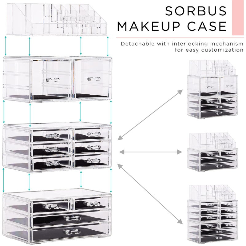 Sorbus Large Makeup Organizer - Clear Stackable Jewelry Makeup Organizer for Vanity, Bathroom Storage Display Case - 12 Drawers Cosmetic Beauty Organizers and Storage with Lipstick Makeup Brush Holder - Image 2